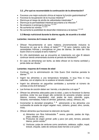 3.2. ¿Por qué es recomendable la continuación de la alimentación?

•   Favorece una mejor evolución clínica al mejorar la función gastrointestinal 4
•   Favorece la recuperación de la mucosa intestinal 4
•   Disminuye el riesgo de atrofia de vellosidades intestinales 4
•   Disminuye la permeabilidad intestinal secundaria a la infección 4
•   No empeora ni prolonga la diarrea 1, 2, 4, 6
•   No aumenta los vómitos 1, 2, 4, 6
•   No aumenta la posibilidad de desarrollar intolerancia a la lactosa 1, 2, 4, 6

    3.3 Manejo nutricional durante la diarrea aguda, de acuerdo a la edad

Lactantes: menores de 6 meses de edad

•   Ofrecer frecuentemente el seno materno (incrementando inclusive la
    frecuencia en que se le ofrece al bebé).6, 7, 8 El seno materno cubre las
    necesidades hídricas y energéticas en caso de diarrea. Se debe dar Vida
    Suero Oral si no acepta el seno materno.9
•   En niño deshidratado que se encuentre en tratamiento con plan B deberá
    continuar siendo amamantado durante el periodo de hidratación.9
•   En caso de alimentarse con leche, se debe ofrecer en la misma cantidad y
    jamás debe ser diluida.7

Lactantes: mayores de 6 meses de edad
•   Continuar con la administración de Vida Suero Oral mientras persista la
    diarrea 7, 6
•   Ingerir los alimentos a una temperatura templada, ni muy fríos ni muy
    calientes, con el objetivo de no acelerar el tránsito intestinal 5
•   Ingerir los alimentos en pequeñas cantidades y aumentar el número de
    comidas al día (5-6 tiempos) 5
•   Las formas de cocción deben ser: hervido, a la plancha o al vapor 5
•   Ofrecer los alimentos adecuados para la edad, y para no favorecer la diarrea
    osmótica, evitar los que tengan alto contenido de azúcares simples: azúcar
    (blanca, morena, mascabado), miel, jarabe de maíz, piloncillo, jugos,
    néctares, mermeladas, frutas en almíbar, golosinas, catsup, refresco, etc.
•   Incrementar la densidad energética 7, 8 adicionando a los alimentos una
    cucharadita de aceite de origen vegetal: maíz, cártamo, girasol, olivo, canola,
    mixto.
•   Ofrecer alimentos que favorecen la retención de líquido:
       a) Alimentos con fibra hidrosoluble 5: avena, granola, pastas de trigo,
          papa, cebada, arroz.
       b) Productos de origen animal: pollo y pavo (sin piel), ternera, pescado
          blanco, jamón cocido.5
       c) Verduras: pulpa de verduras como zanahoria, calabaza, coliflor, nopal,
          brócoli, chayote, caldo de verduras (todo hervido o en puré).5


                                                                                    50
 