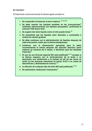 En resumen:

El tratamiento nutricional durante la diarrea aguda consiste en


                                                          14, 15, 6, 8
       1. No suspender la lactancia al seno materno.
                                                                                             6
       2. Se debe reponer los líquidos perdidos en las evacuaciones,
           rehidratar oportunamente con líquidos apropiados3, prefiriendo la
           solución Vida Suero Oral.
                                                                              16
       3. Se sugiere dar tanto líquido como el niño pueda tomar.
       4. Es importante que los líquidos sean ofrecidos a cucharadas o
           sorbos de manera gradual.
       5. Se debe continuar con la administración de líquidos después de
           cada evacuación, hasta que la diarrea desaparezca.
       6. Continuar   con la alimentación apropiada para la edad,
           incrementando la misma después del episodio diarreico (seno
           materno en menores de 6 meses, o alimentos para los lactantes
           mayores).6
                                                                         3, 6, 8
       7. El uso de una fórmula especial NO está justificado    excepto si
           la diarrea empeora con la reintroducción de la leche o se
           demuestra una intolerancia a la lactosa (el pH de las heces es
           ácido y/o los azúcares reductores en heces >0.5% o en casos de
           desnutrición y deshidratación severa).3, 8
                                                                                   3, 6, 8
       8. La dilución de cualquier tipo de leche NO está justificado.
                                                      6
       9. No administrar medicación innecesaria.




                                                                                                 53
 