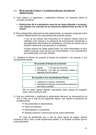 1.1.   EVALUACIÓN CLÍNICA Y CLASIFICACIÓN DEL ESTADO DE
       HIDRATACIÓN

A. Para realizar un diagnóstico y tratamiento efectivos, es necesario definir el
   concepto de diarrea:

   •   Disminución de la consistencia usual de las heces (líquidas o acuosas),
       casi siempre con aumento de su frecuencia habitual (más de tres en 24
       horas).3

B. Para el diagnóstico adecuado de este padecimiento, es necesario preguntar sobre
   el patrón habitual (diario) de evacuaciones del paciente, porque:
              • Uno de los errores más frecuentes en la práctica médica diaria es
              catalogar como diarrea a la presencia de evacuaciones abundantes o
              supuestamente disminuidas de consistencia, sin tomar en cuenta que es
              el patrón habitual de evacuaciones en el paciente.
              • Puede tratarse del reflejo gastro-cólico: los niños alimentados al seno
              materno evacuan cada vez que son amamantados, y sus evacuaciones
              son semilíquidas y de color amarillo.

C.- Clasificar la diarrea de acuerdo al tiempo de evolución o de acuerdo a sus
características físicas:

                          De acuerdo al tiempo de evolución

                          • Aguda:       < 14 días de evolución
                          • Persistente: >14 días de evolución (referir a
                            segundo nivel de salud)

                       De acuerdo a sus características físicas

                          • Líquida (no invasora, secretoria)
                          • Disentería (invasora): evacuaciones diarreicas
                            con moco y sangre*.
          *De no existir diarrea deberán descartarse otras causas de sangrado
          rectal, como una fisura anal.

D. Una vez confirmada y clasificada la enfermedad diarreica, se reconocerá en el
   niño o niña uno o más de los siguientes signos, que indican la presencia de
   complicaciones:
          •   No puede beber o amamantarse
          •   Tiene convulsiones
          •   Está letárgico o inconsciente
          •   Muestra ausencia o disminución de los ruidos intestinales

        En caso de identificarse uno o más de estos signos de peligro, deberá
enviarse al niño o niña, lo más rápidamente posible, a un hospital, al tiempo que se
inicia tratamiento.


                                                                                    65
 