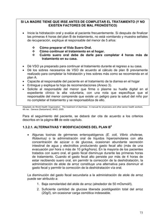 SI LA MADRE TIENE QUE IRSE ANTES DE COMPLETAR EL TRATAMIENTO (Y NO
               EXISTEN FACTORES DE MAL PRONÓSTICO)

•   Inicie la hidratación oral y evalúe al paciente frecuentemente. Si después de finalizar
    las primeras 4 horas del plan B de tratamiento, no está vomitando y muestra señales
    de recuperación, explique al responsable del menor de 5 años:

                 Cómo preparar el Vida Suero Oral.
                 Cómo continuar el tratamiento en el hogar.
                 Cuánto suero oral debe de darle para completar 4 horas más de
                  tratamiento en su casa.

•   Dé VSO ya preparado para continuar el tratamiento durante el regreso a su casa.
•   Dé los sobres necesarios de VSO de acuerdo al cálculo de plan B previamente
    realizado para completar la hidratación y tres sobres más como se recomienda en el
    plan A.
•   Capacite al responsable del paciente en el tratamiento de la diarrea en el hogar
•   Entregue y explique la hoja de recomendaciones (Anexo 3).
•   Solicite al responsable del menor que firme o plasme su huella digital en el
    expediente clínico la alta voluntaria, con una nota que especifique que el
    responsable del menor comprende que existe un peligro para la salud del niño por
    no completar el tratamiento y se responsabiliza de ello.

Adaptado de World Health Organization. The treatment of diarrhoea : A manual for physicians and other senior health workers.
4th rev. Geneva (Switzerland): WHO; 2005.


Para el seguimiento del paciente, se deberá dar cita de acuerdo a los criterios
descritos en la página 88 de este capítulo.

1.3.2.1. ALTERNATIVAS Y MODIFICACIONES DEL PLAN B4

    •    Algunas toxinas de gérmenes enteropatógenos (E. coli, Vibrio cholerae,
         Rotavirus) o la administración oral de líquidos hiperosmolares con alta
         concentración de azúcar o de glucosa, ocasionan abundante secreción
         intestinal de agua y electrolitos produciendo gasto fecal alto (más de una
         evacuación por hora o más de 10 gr/kg/hora). En la mayoría de los pacientes
         tratados con suero oral, el gasto fecal disminuye durante las primeras horas
         de tratamiento. Cuando el gasto fecal alto persiste por más de 4 horas de
         estar recibiendo suero oral, sin permitir la corrección de la deshidratación, la
         administración de atole de arroz constituye una alternativa para disminuir el
         gasto fecal y permitir la corrección de la deshidratación vía oral.

    La disminución del gasto fecal secundaria a la administración de atole de arroz
    puede ser atribuido a:
              1. Baja osmolaridad del atole de arroz (alrededor de 50 mOsmol/l).
              2. Suficiente cantidad de glucosa liberada postdigestión total del arroz
                 (20g/l), sin ocasionar carga osmótica indeseable.




                                                                                                                        73
 