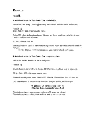 EJEMPLOS:
PLAN B.

1. Administración de Vida Suero Oral por la boca.

Indicación: 100 ml/kg (25ml/kg por hora), fraccionado en dosis cada 30 minutos

Peso: 6 kg
6kg x 100 ml= 600 ml para cuatro horas

Estos 600 ml serán fraccionados en 8 tomas (es decir, una toma cada 30 minutos
hasta completar cuatro horas).

600ml / 8 tomas = 75 ml.

Esto significa que usted le administrará al paciente 75 ml de vida suero oral cada 30
minutos.
       75 ml x 8 tomas = 600 ml totales que usted administrará en 4 horas.


2. Administración de Vida Suero Oral por gastroclisis.

Indicación: Goteo a dosis de 20-30 ml/kg/hora.

Peso: 6 kg

Si usted decide administrar la dosis a 30ml/kg/hora, el cálculo será el siguiente.

30ml x 6kg = 180 ml a pasar en una hora.

Para calcular el goteo, usted dividirá 180 ml entre 60 minutos = 3 ml por minuto.

Una vez obtenida la velocidad de infusión = 3ml por minuto, recordar que:

                       10 gotas de un normogotero son 1 ml
                       20 gotas de un microgotero son 1 ml

Si usted cuenta con normogotero, calibrar a 30 gotas por minuto.
Si usted cuenta con microgotero, calibrar a 60 gotas por minuto.




                                                                                     77
 