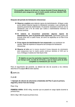 Si es posible, observe al niño por lo menos durante 6 horas después de
    rehidratarlo para asegurarse que la madre puede continuar dándole VSO
                                    por la boca


Después del periodo de hidratación intravenosa:

         Observe y explore para detectar signos de deshidratación. Al llegar a este
         punto deberá haberse logrado la hidratación completa o casi completa del
         paciente gravemente deshidratado. El paciente necesitará continuar con la
         hidratación oral a fin de evitar que vuelva a deshidratarse mientras la
         diarrea continúa.

         Si todavía se encuentran presentes algunos signos de
         deshidratación, pero el paciente está mejorando, administrar suero oral
         durante otras dos a cuatro horas, tal como se especifica en el Plan B de
         tratamiento.

         Si los signos de deshidratación han empeorado o se mantienen sin
         cambio, debe de repetirse el esquema de la terapia de hidratación
         intravenosa.

         Observe al niño por lo menos durante 6 horas después de rehidratarlo
         para asegurarse que la madre puede continuar dándole el VSO por la
         boca. Entregue 3 sobres de Vida Suero Oral.


              El objetivo es que los pacientes requieran hidratación intravenosa
             por tiempo corto, no más de 3-4 horas, y que la mayor parte de ellos
                             completen su hidratación por vía oral.


Para el seguimiento del paciente, se deberá dar cita de acuerdo a los criterios
descritos en la página 88 de este capítulo.

EJEMPLOS:
PLAN c

1. Ejemplo de cálculo de soluciones cristaloides del Plan C para la primera,
segunda y tercer hora de manejo.

Peso: 6 kg

PRIMERA HORA: 50-60 ml/kg, recordar que se pasará en carga rápida durante la
primera hora.

60ml x 6kg= 360 ml para la primera hora.



                                                                                81
 