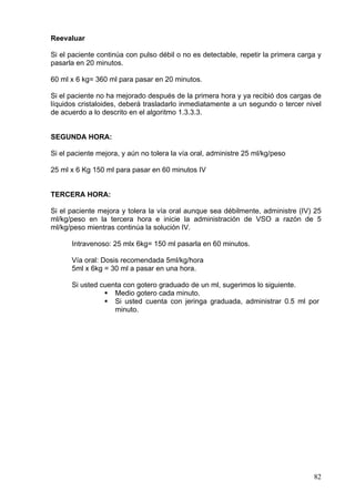 Reevaluar

Si el paciente continúa con pulso débil o no es detectable, repetir la primera carga y
pasarla en 20 minutos.

60 ml x 6 kg= 360 ml para pasar en 20 minutos.

Si el paciente no ha mejorado después de la primera hora y ya recibió dos cargas de
líquidos cristaloides, deberá trasladarlo inmediatamente a un segundo o tercer nivel
de acuerdo a lo descrito en el algoritmo 1.3.3.3.


SEGUNDA HORA:

Si el paciente mejora, y aún no tolera la vía oral, administre 25 ml/kg/peso

25 ml x 6 Kg 150 ml para pasar en 60 minutos IV


TERCERA HORA:

Si el paciente mejora y tolera la vía oral aunque sea débilmente, administre (IV) 25
ml/kg/peso en la tercera hora e inicie la administración de VSO a razón de 5
ml/kg/peso mientras continúa la solución IV.

      Intravenoso: 25 mlx 6kg= 150 ml pasarla en 60 minutos.

      Vía oral: Dosis recomendada 5ml/kg/hora
      5ml x 6kg = 30 ml a pasar en una hora.

      Si usted cuenta con gotero graduado de un ml, sugerimos lo siguiente.
                   Medio gotero cada minuto.
                   Si usted cuenta con jeringa graduada, administrar 0.5 ml por
                   minuto.




                                                                                   82
 