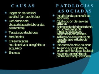 CAUSAS Ingestión de manitol sorbitol (en los chicles) Deficiencia de disacaridasas (intolerancia a la lactosa) Terapia con lactulosa Antiácidos Enfermedades malabsortivas: congénito o adquirido Enemas  PATOLOGIAS ASOCIADAS Insuficiencia pancreática exocrina Obstrucción de las vías biliares Sobrepoblación bacteriana en un asa ciega del  intestino delgado o segmentos con estasis. Alteración enzimática de las células en ribete de cepillo Inflamación de la mucosa Ausencia congénita de enzimas (hidrolasa, lactasa) Ausencia congénita de proteínas transportadoras 