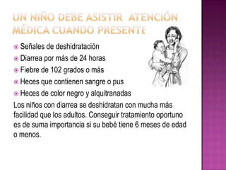  Señales de deshidratación
 Diarrea por más de 24 horas
 Fiebre de 102 grados o más
 Heces que contienen sangre o pus
 Heces de color negro y alquitranadas
Los niños con diarrea se deshidratan con mucha más
facilidad que los adultos. Conseguir tratamiento oportuno
es de suma importancia si su bebé tiene 6 meses de edad
o menos.
 