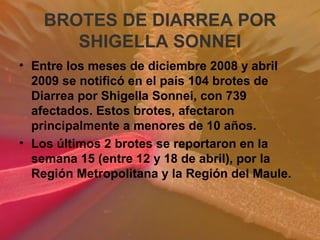 BROTES DE DIARREA POR
SHIGELLA SONNEI
• Entre los meses de diciembre 2008 y abril
2009 se notificó en el país 104 brotes de
Diarrea por Shigella Sonnei, con 739
afectados. Estos brotes, afectaron
principalmente a menores de 10 años.
• Los últimos 2 brotes se reportaron en la
semana 15 (entre 12 y 18 de abril), por la
Región Metropolitana y la Región del Maule.
 