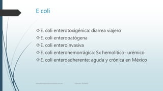 E coli
E. coli enterotoxigénica: diarrea viajero
E. coli enteropatógena
E. coli enteroinvasiva
E. coli enterohemorrágica: Sx hemolítico- urémico
E. coli enteroadherente: aguda y crónica en México
www.pharmedsolutionsinstitute.com.mx Informes. 36246001
 