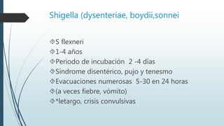 Shigella (dysenteriae, boydii,sonnei
S flexneri
1-4 años
Periodo de incubación 2 -4 días
Síndrome disentérico, pujo y tenesmo
Evacuaciones numerosas 5-30 en 24 horas
(a veces fiebre, vómito)
*letargo, crisis convulsivas
 