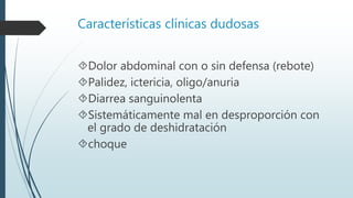 Características clínicas dudosas
Dolor abdominal con o sin defensa (rebote)
Palidez, ictericia, oligo/anuria
Diarrea sanguinolenta
Sistemáticamente mal en desproporción con
el grado de deshidratación
choque
 
