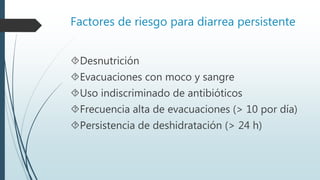 Factores de riesgo para diarrea persistente
Desnutrición
Evacuaciones con moco y sangre
Uso indiscriminado de antibióticos
Frecuencia alta de evacuaciones (> 10 por día)
Persistencia de deshidratación (> 24 h)
 