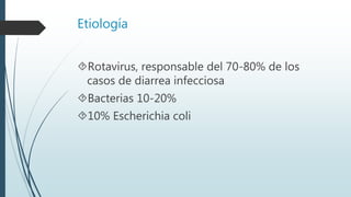 Etiología
Rotavirus, responsable del 70-80% de los
casos de diarrea infecciosa
Bacterias 10-20%
10% Escherichia coli
 