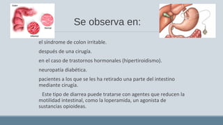 Se observa en:
el síndrome de colon irritable.
después de una cirugía.
en el caso de trastornos hormonales (hipertiroidismo).
neuropatía diabética.
pacientes a los que se les ha retirado una parte del intestino
mediante cirugía.
Este tipo de diarrea puede tratarse con agentes que reducen la
motilidad intestinal, como la loperamida, un agonista de
sustancias opioideas.
 