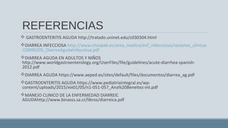 REFERENCIAS
 GASTROENTERITIS AGUDA http://tratado.uninet.edu/c030304.html
DIARREA INFECCIOSA http://www.chospab.es/area_medica/enf_infecciosas/sesiones_clinicas
/20090205_DiarreaAgudaInfecciosa.pdf
DIARREA AGUDA EN ADULTOS Y NIÑOS
http://www.worldgastroenterology.org/UserFiles/file/guidelines/acute-diarrhea-spanish-
2012.pdf
DIARREA AGUDA https://www.aeped.es/sites/default/files/documentos/diarrea_ag.pdf
GASTROENTERITIS AGUDA https://www.pediatriaintegral.es/wp-
content/uploads/2015/xix01/05/n1-051-057_Ana%20Beneitez-int.pdf
MANEJO CLINICO DE LA ENFERMEDAD DIARREIC
AGUDAhttp://www.binasss.sa.cr/libros/diarreica.pdf
 