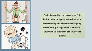 Cualquier cambio que ocurra en el flujo
bidireccional de agua y electrólitos en el
intestino delgado, el volumen de agua y
electrólitos que llega al colon excede su
capacidad de absorción y se produce la
diarrea.
 