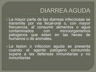 La mayor parte de las diarreas infecciosas se
transmite por via fecal-oral o, con mayor
frecuencia, al consumir alimentos o agua
contaminados con microorganismos
patogenos que estan en las heces de
humanos o de animales.
 La lesion o infeccion aguda se presenta
cuando el agente patogeno consumido
supera a las defensas inmunitarias y no
inmunitarias
 