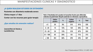 MANIFESTACIONES CLINICAS Y DIAGNOSTICO
Am J Gastroenterol 2016; 111:602–622
¿Que estudios de extensión realizar?
¿A QUIEN REALIZAR ESTUDIOS DE EXTENSIÓN?
Pacientes con disentería moderada severa
Clínica mayor a 7 días
Contar con los recursos para guiar terapia
Leucocitos en heces y
Lactoferrina
 