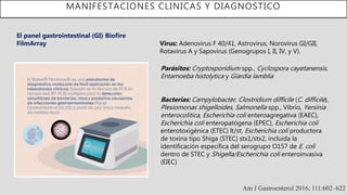 MANIFESTACIONES CLINICAS Y DIAGNOSTICO
Am J Gastroenterol 2016; 111:602–622
Virus: Adenovirus F 40/41, Astrovirus, Norovirus GI/GII,
Rotavirus A y Sapovirus (Genogrupos I, II, IV, y V).
Parásitos: Cryptosporidium spp., Cyclospora cayetanensis,
Entamoeba histolytica y Giardia lamblia
Bacterias: Campylobacter, Clostridium difficile (C. difficile),
Plesiomonas shigelloides, Salmonella spp., Vibrio, Yersinia
enterocolitica, Escherichia coli enteroagregativa (EAEC),
Escherichia coli enteropatógena (EPEC), Escherichia coli
enterotoxigénica (ETEC) lt/st, Escherichia coli productora
de toxina tipo Shiga (STEC) stx1/stx2, incluida la
identificación específica del serogrupo O157 de E. coli
dentro de STEC y Shigella/Escherichia coli enteroinvasiva
(EIEC)
El panel gastrointestinal (GI) Biofire
FilmArray
 