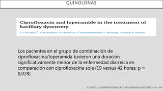 QUINOLONAS
CLINICAL GASTROENTEROLOGY AND HEPATOLOGY 2007;5:451– 456
Los pacientes en el grupo de combinación de
ciprofloxacina/loperamida tuvieron una duración
significativamente menor de la enfermedad diarreica en
comparación con ciprofloxacina sola (19 versus 42 horas; p =
0,028)
 