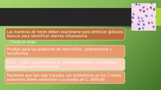 Las muestras de heces deben examinarse para detectar glóbulos
blancos para identificar diarrea inflamatoria
• Tinción de Wright
Pruebas para los productos de neutrófilos, calprotectina y
lactoferrina.
ELISA  para la giardiasis y la criptosporidiosis y las pruebas
serológicas para la amebiosis
Pacientes que han sido tratados con antibióticos en los 3 meses
anteriores deben someterse a la prueba de C. difficile.
 