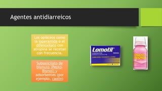 Agentes antidiarreicos
Los opiáceos como
la loperamida o el
difenoxilato con
atropina se recetan
con frecuencia.
Subsalicilato de
bismuto (Pepto-
Bismol) y
adsorbentes (por
ejemplo, caolín)
 
