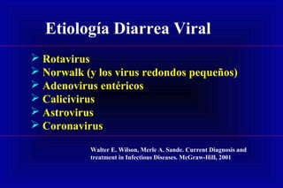 Etiología Diarrea Viral
 Rotavirus
 Norwalk (y los virus redondos pequeños)
 Adenovirus entéricos
 Calicivirus
 Astrovirus
 Coronavirus
Walter E. Wilson, Merle A. Sande. Current Diagnosis and
treatment in Infectious Diseases. McGraw-Hill, 2001
 