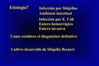Infección por Shigellas
Amibiasis intestinal
Infección por E. Coli
Entero hemorrágica
Entero invasiva
Etiología?
Cultivo desarrollo de Shigella flexneri
Como establece el diagnóstico definitivo
 