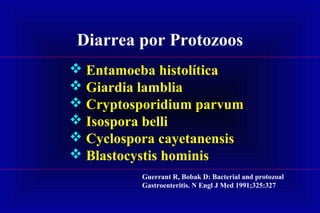 Diarrea por Protozoos
 Entamoeba histolítica
 Giardia lamblia
 Cryptosporidium parvum
 Isospora belli
 Cyclospora cayetanensis
 Blastocystis hominis
Guerrant R, Bobak D: Bacterial and protozoal
Gastroenteritis. N Engl J Med 1991;325:327
 