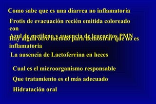 Como sabe que es una diarrea no inflamatoria
Frotis de evacuación recién emitida coloreado
con
Azul de metileno y ausencia de leucocitos PMNHay algún otro método para demostrar que no es
inflamatoria
Cual es el microorganismo responsable
Que tratamiento es el más adecuado
Hidratación oral
La ausencia de Lactoferrina en heces
 