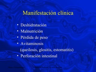 Manifestación clínica Deshidratación Malnutrición Pérdida de peso Avitaminosis (queilosis, glositis, estomatitis) Perforación intestinal 