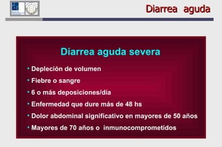 Diarrea aguda severa Depleción de volumen Fiebre o sangre 6 o más deposiciones/día Enfermedad que dure más de 48 hs Dolor abdominal significativo en mayores de 50 años Mayores de 70 años o  inmunocomprometidos   Diarrea  aguda 