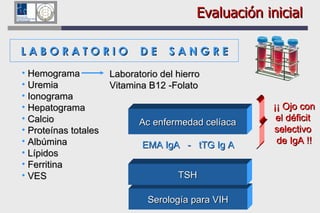 Serología para VIH Evaluación inicial L A B O R A T O R I O  D E  S A N G R E Hemograma Uremia Ionograma Hepatograma Calcio Proteínas totales Albúmina Lípidos Ferritina VES Laboratorio del hierro Vitamina B12 -Folato Ac enfermedad celíaca EMA IgA  -  tTG Ig A TSH ¡¡ Ojo con el déficit  selectivo  de IgA !! 