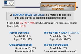 Insuficiencia pancreática exócrina Test de Secretina   Sensibilidad 90%  Especificidad 92%   Sensibilidad  63 ,  100  y  100%  (insuf. pancreática leve, moderada, severa) Especificidad  93 %   Test de pancreolauril Sensibilidad 85%  (insuficiencia pancreática severa) Test de NBTP / PABA   (Bentiromide) Sensibilidad 64-83 %  Especificidad 81-93% La  ELASTASA FECAL  (por Elisa)  es el método de elección ante una diarrea de probable origen pancreático Quimotripsina fecal Sensibilidad 49- 85%  Especificidad 90 % 