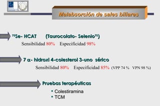Malabsorción de sales biliares 75 Se- HCAT  (Taurocolato- Selenio 75 )   Sensibilidad  80%   Especificidad  98% Pruebas terapéuticas  7   - hidroxi 4-colesterol 3-uno  sérico Sensibilidad  80%   Especificidad  85%   (VPP 74 %  VPN 98 %)   Colestiramina TCM 