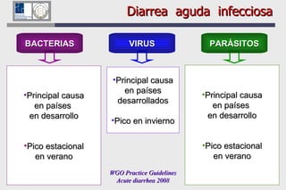 BACTERIAS Vibrio cholerae (O1, O139) V. parahaemolyticus Escherichia coli Plesiomonas Aeromonas Bacteroides fragilis Campylobacter jejuni C. coli C. upsaliensis Salmonella no-typhi Clostridium difficile Yersinia enterocolítica Y. pseudotuberculosis Shigella VIRUS Rotavirus Norovirus Adenovirus Astrovirus CMV Coronavirus PARÁSITOS Giardia intestinalis Cryptosporidium hominis Isospora belli Entamoeba histolytica Blastocystis hominis Cyclospora cayetanensis Microsporidium Protozoos Helmintos Strongyloides stercoralis Schistosoma  Capillaria Diarrea  aguda  infecciosa Principal causa en países  en desarrollo Pico estacional en verano Principal causa en países  en desarrollo Pico estacional en verano Principal causa en países desarrollados Pico en invierno WGO Practice Guidelines Acute diarrhea 2008 