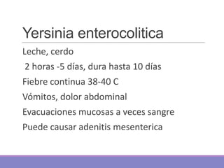 Yersinia enterocolitica
Leche, cerdo
2 horas -5 días, dura hasta 10 días
Fiebre continua 38-40 C
Vómitos, dolor abdominal
...