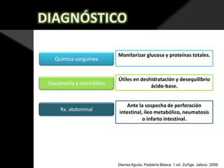 Química sanguínea

Monitorizar glucosa y proteínas totales.

Gasometría y electrólitos

Útiles en deshidratación y desequilibrio
ácido-base.

Rx. abdominal

Ante la sospecha de perforación
intestinal, íleo metabólico, neumatosis
o infarto intestinal.

Diarrea Aguda, Pediatría Básica. 1 ed Zuñiga. Jalisco. 2008.

 