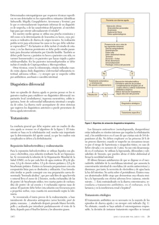 Determinados enteropatógenos que requieren técnicas específi-
cas no son detectados en los coprocultivos rutinarios (identifican
Salmonella, Shigella, Campylobacter, Aeromonas y Yersinia), por
lo que es extremadamente importante informar de un diagnósti-
co de sospecha, o de las características del paciente, al microbió-
logo para que oriente adecuadamente el estudio4.
En nuestro medio apenas se utiliza una prueba económica y
útil como es la determinación de leucocitos en heces, cuya pre-
sencia es indicativa de diarrea de origen invasivo. Su realización
podría servir para seleccionar los casos en los que debe solicitar-
se coprocultivo1,5. En lactantes se debe incluir el estudio de rota-
virus, y en las diarreas persistentes se debe pedir estudio parasi-
tario para descartar infestación por Giardia lamblia. También se
deben pedir huevos y parásitos en heces a pacientes con sida, en
varones homosexuales y en pacientes que hayan viajado a países
subdesarrollados. En los pacientes inmunodeprimidos se debe
incluir el estudio de Criptosporidium y Microsporidium.
Otras técnicas, como la colonoscopia, estarán indicadas cuan-
do exista alguna duda diagnóstica (enfermedad inflamatoria in-
testinal, adenoma velloso…) y siempre que se sospeche colitis
por antibióticos, amebiasis o vasculitis intestinal.
Diagnóstico diferencial
Ante un episodio de diarrea aguda es preciso pensar en los si-
guientes cuadros para establecer un diagnóstico diferencial: im-
pactación fecal (seudodiarrea), isquemia mesentérica, colitis is-
quémica, brote de enfermedad inflamatoria intestinal o neopla-
sia de colon. La diarrea suele acompañarse de otros síntomas
que sugieren los diagnósticos anteriores o puede presentarse de
forma aguda intermitente.
Tratamiento
La conducta general que debe seguirse ante un cuadro de dia-
rrea aguda se resume en el algoritmo de la figura 1. El trata-
miento se basa en la rehidratación oral, mucho más importante
que la determinación del agente causal, ya que los cuadros más
complicados se deben a la deshidratación.
Reposición hidroelectrolítica y realimentación
Para la reposición hidroelectrolítica se utilizan líquidos con glu-
cosa y electrolitos, cuya solución resultante ha de ser hipoosmo-
lar. Se recomienda la solución de la Organización Mundial de la
Salud (OMS), en la que cada litro de agua contiene 20 g de glu-
cosa, 3,3 g de cloruro sódico, 1,5 g de cloruro potásico y 2,5 g de
bicarbonato potásico. Existen en farmacia preparaciones con esta
composición listas para su disolución y utilización. Una formula-
ción similar se puede conseguir con una preparación casera de-
nominada “limonada alcalina”, que por cada litro de agua hervida
o mineral lleva el zumo de 2 limones, media cucharadita (de las
de postre) de bicarbonato sódico, tres cuartas partes de cuchara-
dita (de postre) de sal común y 4 cucharadas soperas rasas de
azúcar. El paciente debe beber esta solución con frecuencia pero
a pequeños sorbos, cuya cuantía irá aumentando según la tole-
rancia.
Se recomienda el inicio precoz de la realimentación, a base
inicialmente de alimentos astringentes (arroz hervido, puré de
patata, manzana…), añadiendo después pescado blanco hervido,
pollo y acabando por introducir paulatinamente el resto de la
dieta, dejando para el final los lácteos y los alimentos grasos.
Los fármacos antieméticos (metoclopramida, domperidona)
están indicados en vómitos intensos que impidan la rehidratación
oral, y los antidiarreicos en el caso de que existan más de 5-6 de-
posiciones al día. No deben emplearse en las primeras 24 h de
un proceso diarreico, cuando se sospeche un mecanismo invasi-
vo por el riesgo de bacteriemia o megacolon tóxico, en caso de
fiebre elevada y en menores de 3 años. Su uso está desaconseja-
do en el embarazo. Se utilizan la loperamida, difenoxilato y sub-
salicilato de bismuto, que pueden aliviar el dolor abdominal al
frenar la movilidad intestinal.
El último fármaco antidiarreico de que se dispone es el race-
cadotrilo, inhibidor de la encefalinasa intestinal, que aumenta la
concentración intestinal de encefalina (de acción antisecretora) y
disminuye, por tanto, la secreción de electrolitos y de agua hacia
la luz del intestino. No actúa sobre el peristaltismo. Existen ensa-
yos aleatorizados doble ciego que demuestran una eficacia simi-
lar a la loperamida con efectos adversos leves (náuseas, estreñi-
miento…). Está contraindicado en la diarrea enteroinvasiva, se-
cundaria a tratamiento antibiótico, en el embarazo, en la
lactancia y en la insuficiencia renal o hepática6.
Tratamiento etiológico
El tratamiento antibiótico no es necesario en la mayoría de los
episodios de diarrea aguda y no siempre está indicado (fig. 1).
No obstante, cuando se haya aislado el microorganismo respon-
sable, la decisión de instaurar tratamiento específico se tomará
Reposición hidroelectrolítica
Considerar petición de pruebas
complementarias dirigidas por el
cuadro clínico y valorar tratamiento
antibiótico empírico
Valorar derivación hospitalaria
según afección del paciente
Presencia de uno o más de
los siguientes síntomas:
Diarrea sanguinolenta
Deshidratación
Fiebre alta
Dolor abdominal intenso
Tenesmo
Duración > 5 días
Brote alimentario
Inmunodepresión
Patología crónica del paciente
Valoración clínica:
Antecedentes personales
Anamnesis
Exploración física
Datos epidemiológicos
Paciente con diarrea aguda
Tratamiento sintomático
y rehidratación
No estudio complementario
Resolución No
SíNo
Tratamiento específico
Diagnóstico etiológico
Figura 1. Algoritmo de actuación diagnóstica-terapéutica.
(387) JANO 1-7 JULIO 2005. VOL. LXIX N.º 1.572 29
6638 Diarrea aguda 22/6/05 15:55 Página 3
 