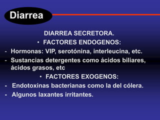 Diarrea
DIARREA SECRETORA.
• FACTORES ENDOGENOS:
- Hormonas: VIP, serotónina, interleucina, etc.
- Sustancias detergentes como ácidos biliares,
ácidos grasos, etc
• FACTORES EXOGENOS:
- Endotoxinas bacterianas como la del cólera.
- Algunos laxantes irritantes.
 