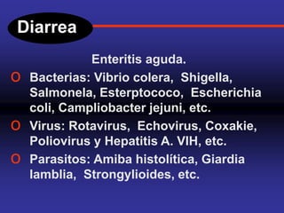 Diarrea
Enteritis aguda.
o Bacterias: Vibrio colera, Shigella,
Salmonela, Esterptococo, Escherichia
coli, Campliobacter jejuni, etc.
o Virus: Rotavirus, Echovirus, Coxakie,
Poliovirus y Hepatitis A. VIH, etc.
o Parasitos: Amiba histolítica, Giardia
lamblia, Strongylioides, etc.
 