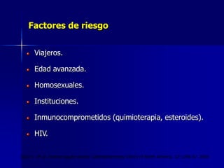Factores de riesgo
Viajeros.
Edad avanzada.
Homosexuales.
Instituciones.
Inmunocomprometidos (quimioterapia, esteroides).
HIV.
Gore J. et al. Diarrea aguda severa. Gastroenterology Clinics of North America. 32:1249-67. 2003
 