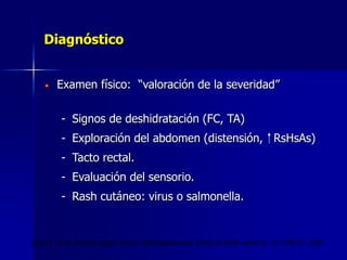 Diagnóstico
Examen físico: “valoración de la severidad”
- Signos de deshidratación (FC, TA)
- Exploración del abdomen (distensión, RsHsAs)
- Tacto rectal.
- Evaluación del sensorio.
- Rash cutáneo: virus o salmonella.
Gore J. et al. Diarrea aguda severa. Gastroenterology Clinics of North America. 32:1249-67. 2003
 