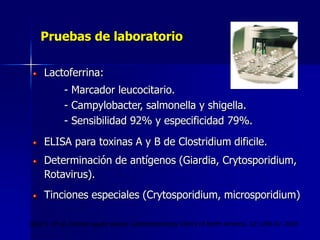 Pruebas de laboratorio
Lactoferrina:
- Marcador leucocitario.
- Campylobacter, salmonella y shigella.
- Sensibilidad 92% y especificidad 79%.
ELISA para toxinas A y B de Clostridium dificile.
Determinación de antígenos (Giardia, Crytosporidium,
Rotavirus).
Tinciones especiales (Crytosporidium, microsporidium)
Gore J. et al. Diarrea aguda severa. Gastroenterology Clinics of North America. 32:1249-67. 2003
 