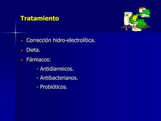 Tratamiento
Corrección hidro-electrolítica.
Dieta.
Fármacos:
- Antidiarreicos.
- Antibacterianos.
- Probióticos.
 