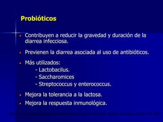 Probióticos
Contribuyen a reducir la gravedad y duración de la
diarrea infecciosa.
Previenen la diarrea asociada al uso de antibióticos.
Más utilizados:
- Lactobacilus.
- Saccharomices
- Streptococcus y enterococcus.
Mejora la tolerancia a la lactosa.
Mejora la respuesta inmunológica.
Allen S. J. col. Probióticos para el tratamiento de la diarrea infecciosa. Revisión Cochrane. Oxford. N°2. 2007
 