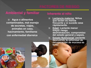 FACTORES DE RIESGO
 Agua o alimentos
contaminados, mal manejo
de excretas, viajes,
animales en casa,
hacinamiento, familiares
con enfermedad diarreica.
 Lactancia materna: Niños
que lactan es menos
frecuente y si sucede cesa
rápidamente.
 Edad: Lactante menor
mayor riesgo
deshidratación, compromiso
del estado general y sepsis.
 Estado Nutricional: paciente
desnutrido la velocidad de
recuperación de mucosa es
lento.
Ambiental y familiar Inherente al niño
 