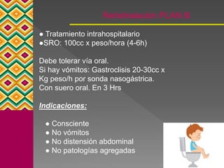 ● Tratamiento intrahospitalario
●SRO: 100cc x peso/hora (4-6h)
Debe tolerar vía oral.
Si hay vómitos: Gastroclisis 20-30cc x
Kg peso/h por sonda nasogástrica.
Con suero oral. En 3 Hrs
Indicaciones:
● Consciente
● No vómitos
● No distensión abdominal
● No patologías agregadas
Rehidratación PLAN B
 