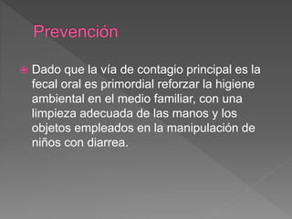  Dado que la vía de contagio principal es la
fecal oral es primordial reforzar la higiene
ambiental en el medio familiar, con una
limpieza adecuada de las manos y los
objetos empleados en la manipulación de
niños con diarrea.
 