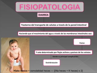 Pasivo
Trastorno del transporte de solutos a través de la pared intestinal
DIARREA
Haciendo que el movimiento del agua a través de las membranas intestinales sea:
Y este determinado por flujos activos y pasivos de los solutos.
Deshidratación
Siendo su principal complicación :
Hiato iónico = osmolalidad heces — [(Na heces + K heces) x 2]
 