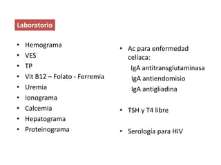• Hemograma
• VES
• TP
• Vit B12 – Folato - Ferremia
• Uremia
• Ionograma
• Calcemia
• Hepatograma
• Proteinograma
Laboratorio
• Ac para enfermedad
celíaca:
IgA antitransglutaminasa
IgA antiendomisio
IgA antigliadina
• TSH y T4 libre
• Serología para HIV
 