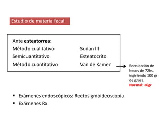 Estudio de materia fecal
Ante esteatorrea:
Método cualitativo Sudan III
Semicuantitativo Esteatocrito
Método cuantitativo Van de Kamer
 Exámenes endoscópicos: Rectosigmoideoscopía
 Exámenes Rx.
Recolección de
heces de 72hs,
ingiriendo 100 gr
de grasa.
Normal: <6gr
 